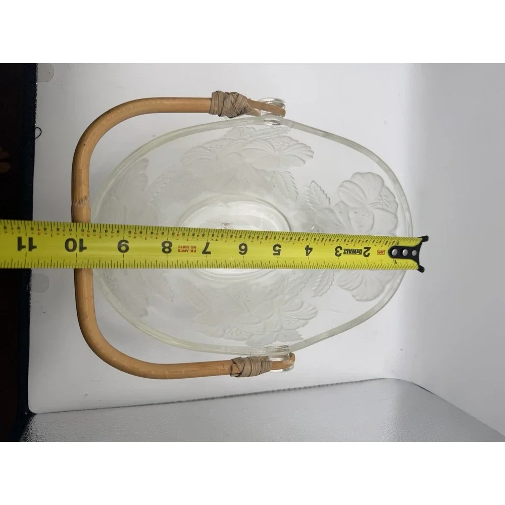 Vintage Aderia Etched Glass Large Bowl Floral Design Bamboo Handles